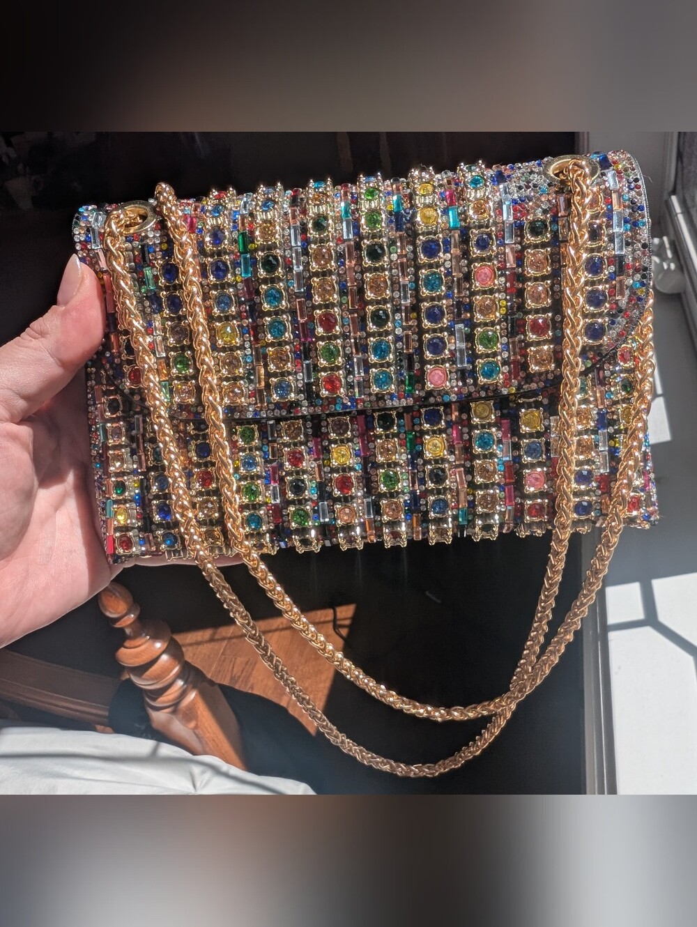 Amazon Multicolor Crystal Chain Crossbody Bag with Gold Chain - Picture 6 of 10